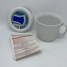 New CorningWare French White Stoneware Mug with Plastic Vented Lid 20oz