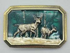 Great American Belt Buckle Co Deer Forest Enamel Brass 1976 Hunting Buck Doe
