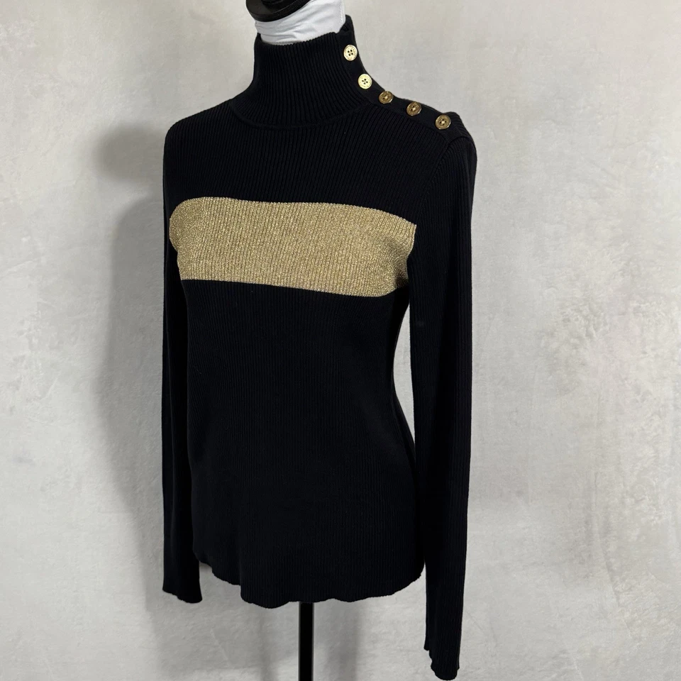 LRL Ralph Lauren Acanalado Cuello Simulado Cuello Alto Ajuste Medio Negro y Dorado Botón Foto 3 de 4