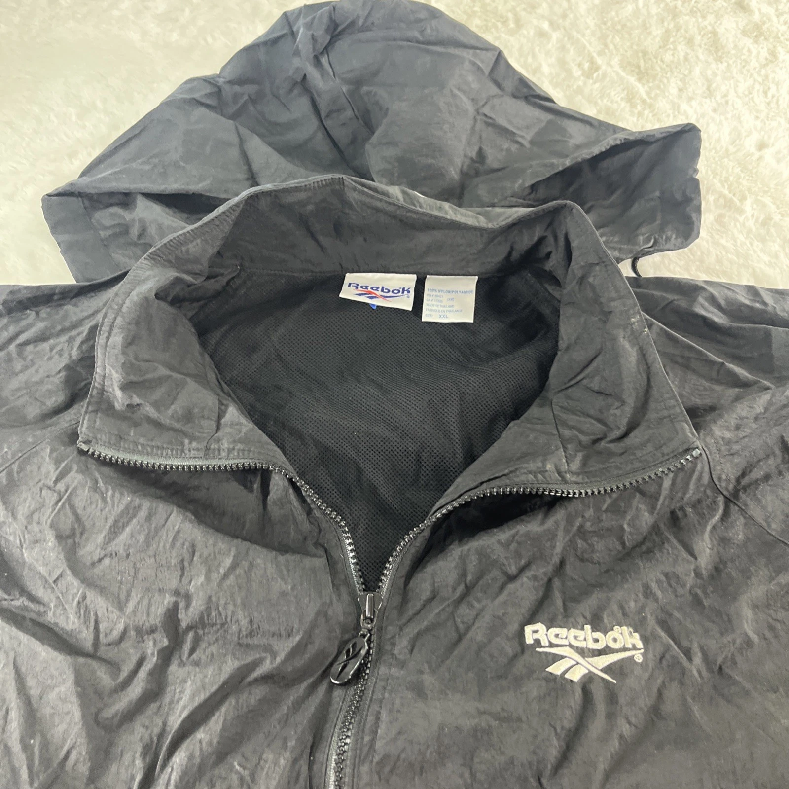 Vintage Reebok Black Full Zip Packable Hood Windbreaker Drawstrings, Size XXL