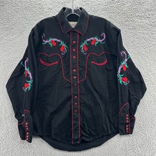 Rockmount Ranch Wear Shirt Mens Medium M Black Floral Embroidered Smile Pockets