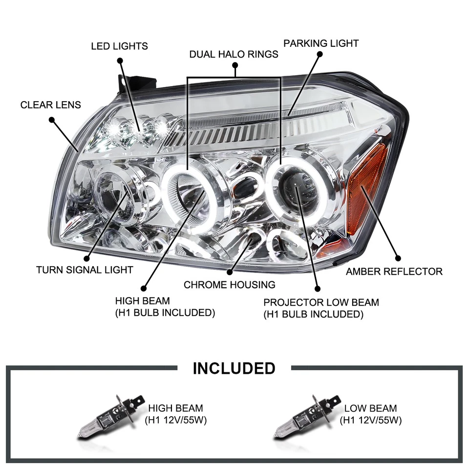 Clear Fits 2005-2007 Dodge Magnum LED Halo Projector Headlights Lamps Left+Right - Image 3 of 4