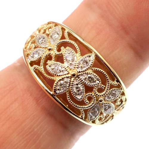 Classic 14k Solid Yellow Gold Natural Diamond Filigree Open-Work Ring Size 9