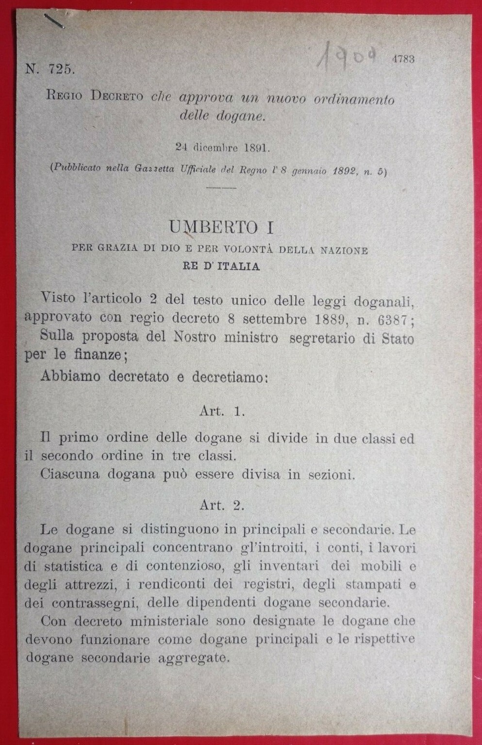 REGIO DECRETO CHE APPROVA UN NUOVO ORDINAMENTO DELLE DOGANE-190