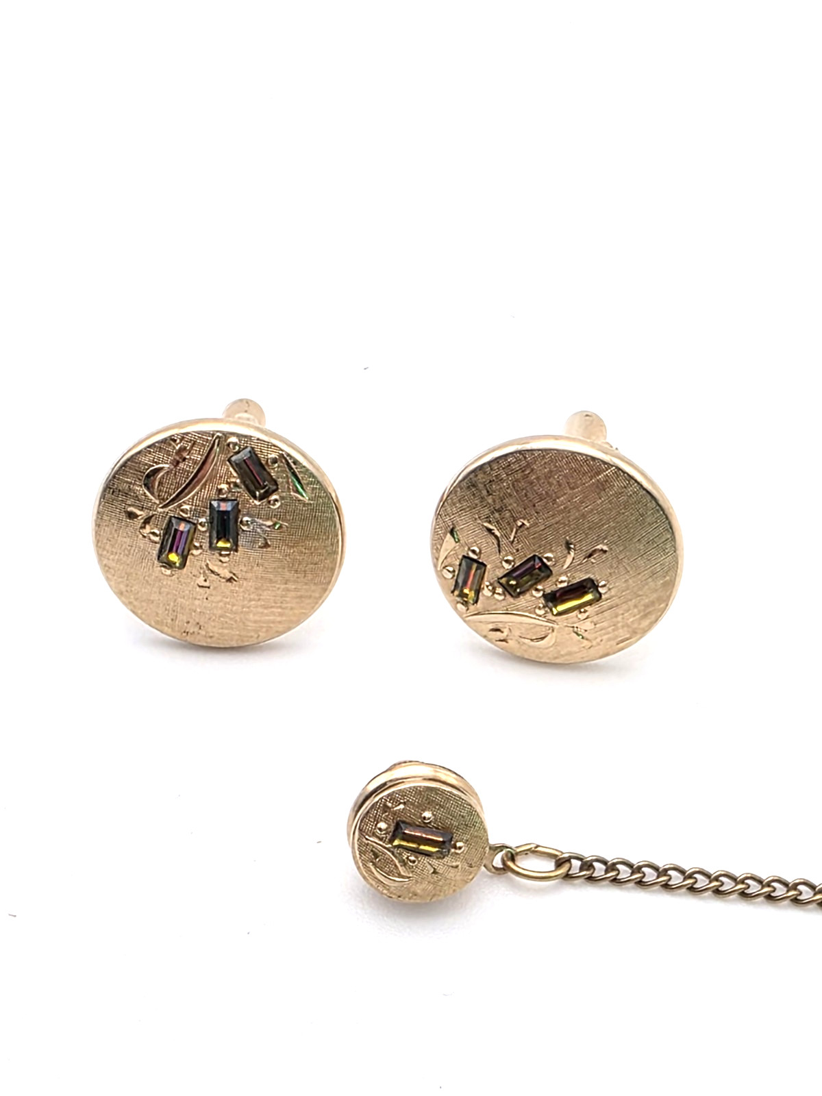 Vtg SWANK Cufflinks Tie Tack Set Leaf Olive Faceted Crystals Gold Tone Textured