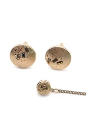 Vtg SWANK Cufflinks Tie Tack Set Leaf Olive Faceted Crystals Gold Tone Textured