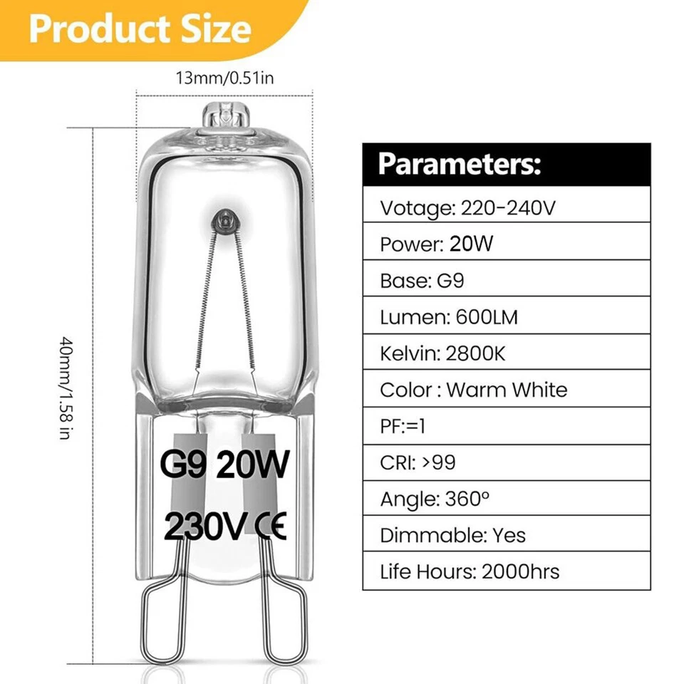G9 Light Bulb 20W Capsule Light Bulbs T4 Type 2 Pin Base Warm White 220V-240V - Image 2 of 4