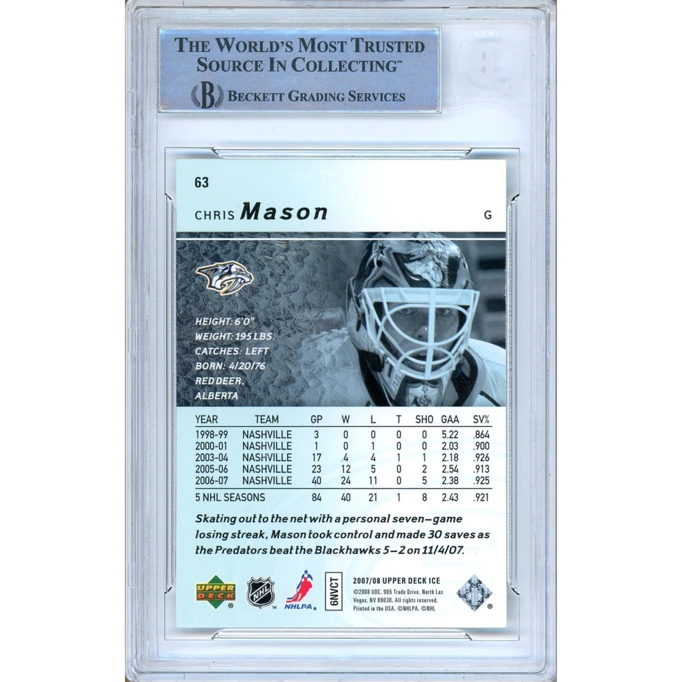 Chris Mason Signed 2007 Upper Deck Ice #63 Predators BAS Slabbed NHL Auto - Image 2 of 4