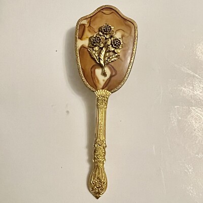 Vintage Elegant Gold Plated Nylon Bristle Hairbrush Antique Mirrored Hair Brush Gold Plated Filigree Decor  main image 3
