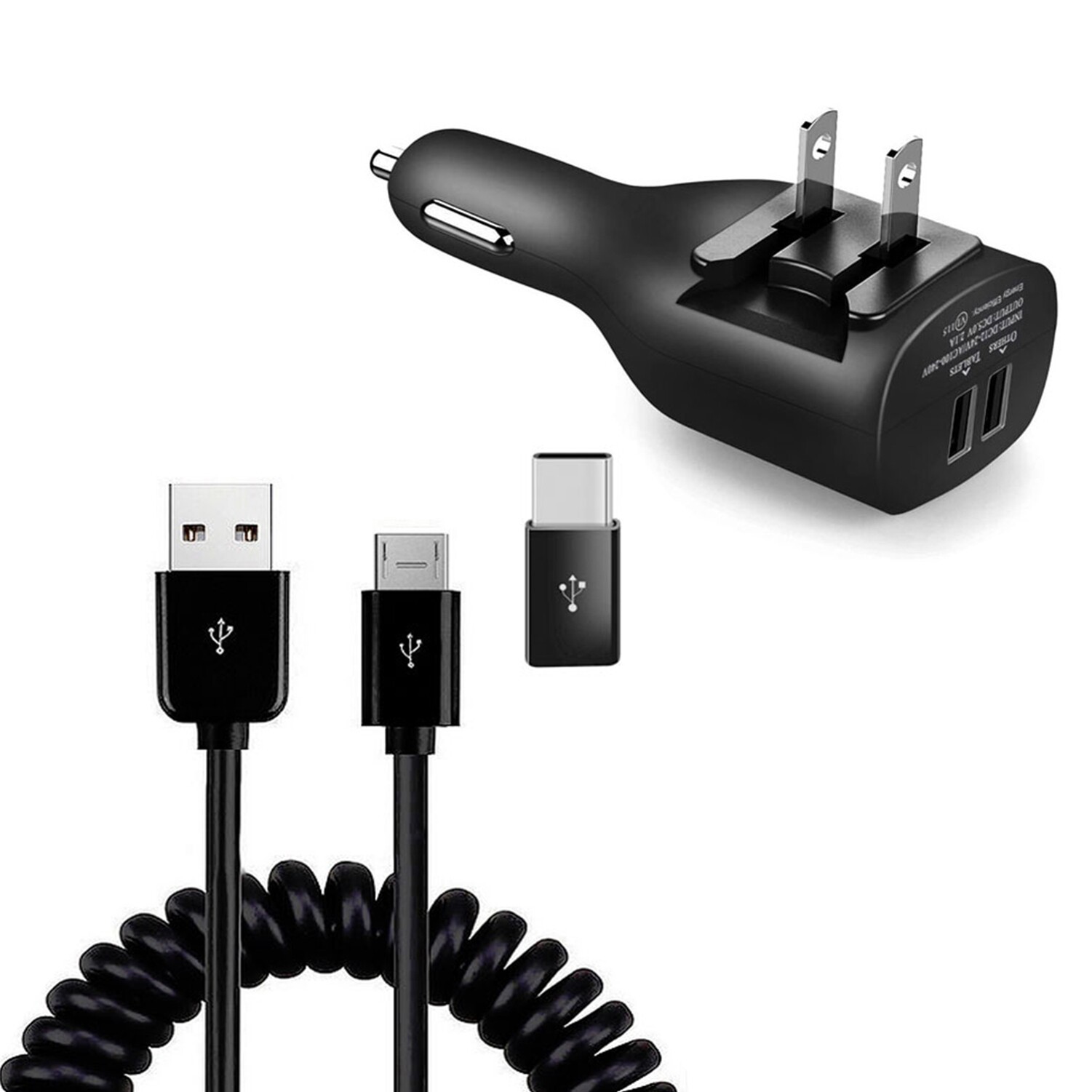 Coiled USB 2-in-1 Car Home Charger for Google Pixel 9 Pro Fold with Micro-USB