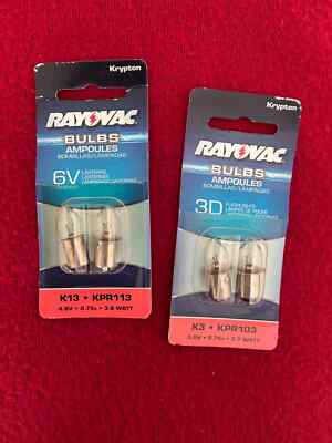 2 New - Rayovac 6V K13/KPR113 & D K3/KPR103 Two Bulb Packs - Unopened