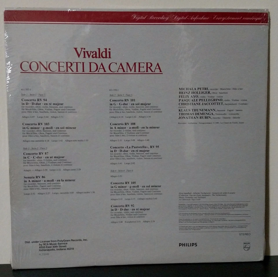 Vivaldi: Concerti da Camera/Petri/Holliger/Ayo 2LP Philips R215140 Sealed NEW - Image 2 of 2