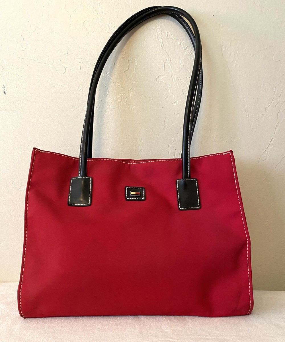 SALE! Tommy Hilfiger Tote Shoulder Bag Canvas Red Black Trim