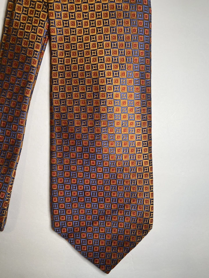 Corbata para hombre Grant Thomas azul y naranja con estampado geométrico 100 % seda Foto 4 de 4