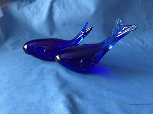 TWO BLUE ART GLASS DOLPHIN/WHALE ORNAMENTS/PAPERWEIGHTS