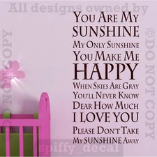 YOU ARE MY ONLY SUNSHINE HAPPY LOVE YOU Quote Vinyl Wall Decal Decor Sticker
