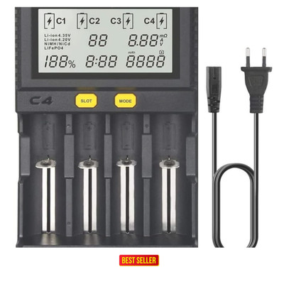 4-Schacht Akkuladegerät LCD Display 18650 18500