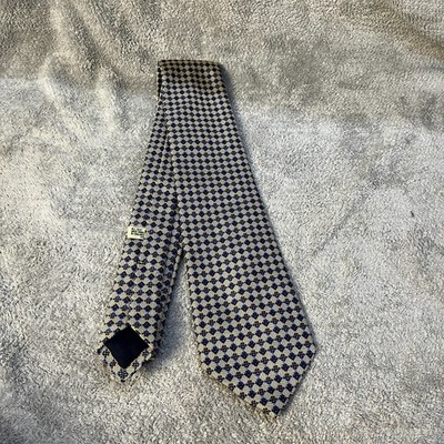 Drakes Blue Yellow Square Print Foulard Silk Tie Made in England
