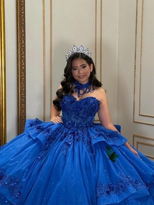 Blue Lace-up Tulle Layered Quinceanera Gown Sweetheart Lace Appliques Pleat  Bow | eBay