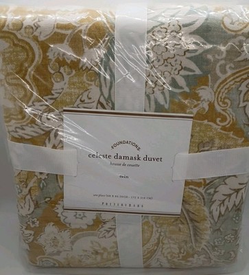 Pottery Barn Foundations CELESTE Damask Linen Cotton Duvet Cover TWIN NEW NWT