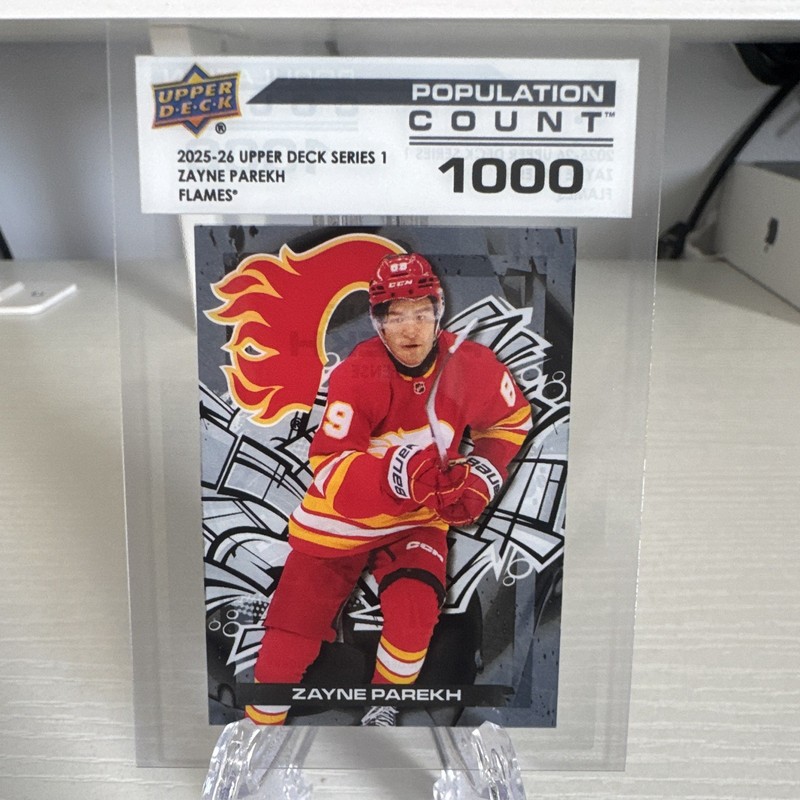 Upper Deck 2025-26 Series 1 Population Count Zayne Parekh Flames PC-3 RC /1000