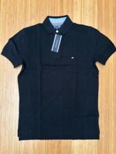 NWT Tommy Hilfiger Men Slim Fit Pique Short Sleeve Polo Shirt, Black, Small