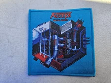 ACCEPT, METAL HEART, SEW ON BLUE BORDER WOVEN PATCH