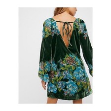 Free People Floral Velvet Mini Dress Womens Green Large V-Neck Tie Back Boho