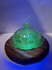 VTG Uranium Depression Glass covered butter dish in the Cherry Blossom Pattern