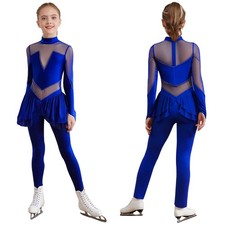Kids Girls Ice Skating Unitard Shiny Mesh Rhythmic Gymnastics Skirted Leotard