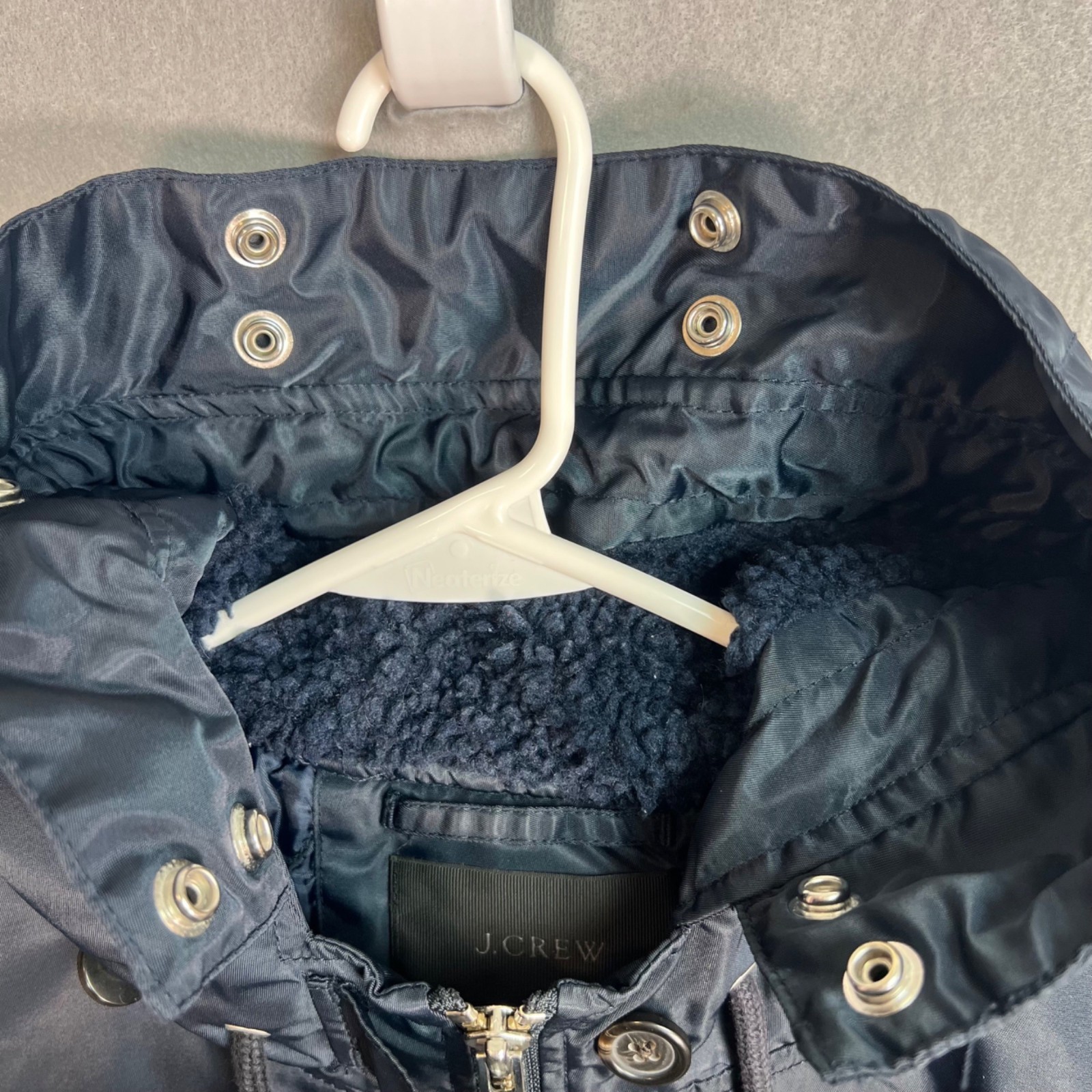 J. Crew Mens Blue Hooded Bomber Jacket Large Nylon/Polyester Ribbed Hem & Cuffs