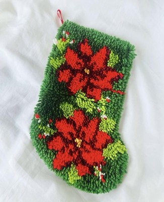 Vintage 70s 80s Handmade Knit Work Christmas Stocking poinsettia Mod Kitsch