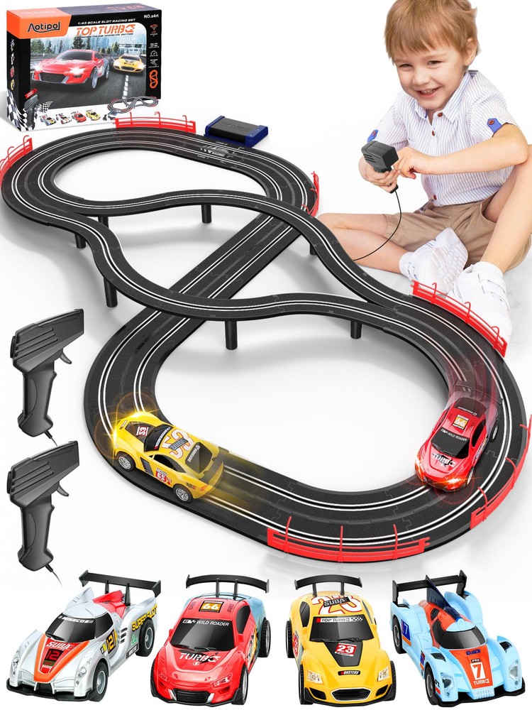 Electric Racing Track Set for Kids with 4 Slot Cars 1:43 Scale and Accessories