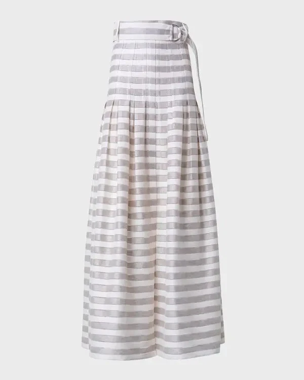 Akris Punto Women's Linen Blend Kodak Beige Striped Midi Skirt Size 2
