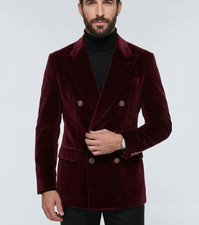 Men  s Burgundy Velvet Double Breasted Blazer  Luxury Velvet Suit Jacket