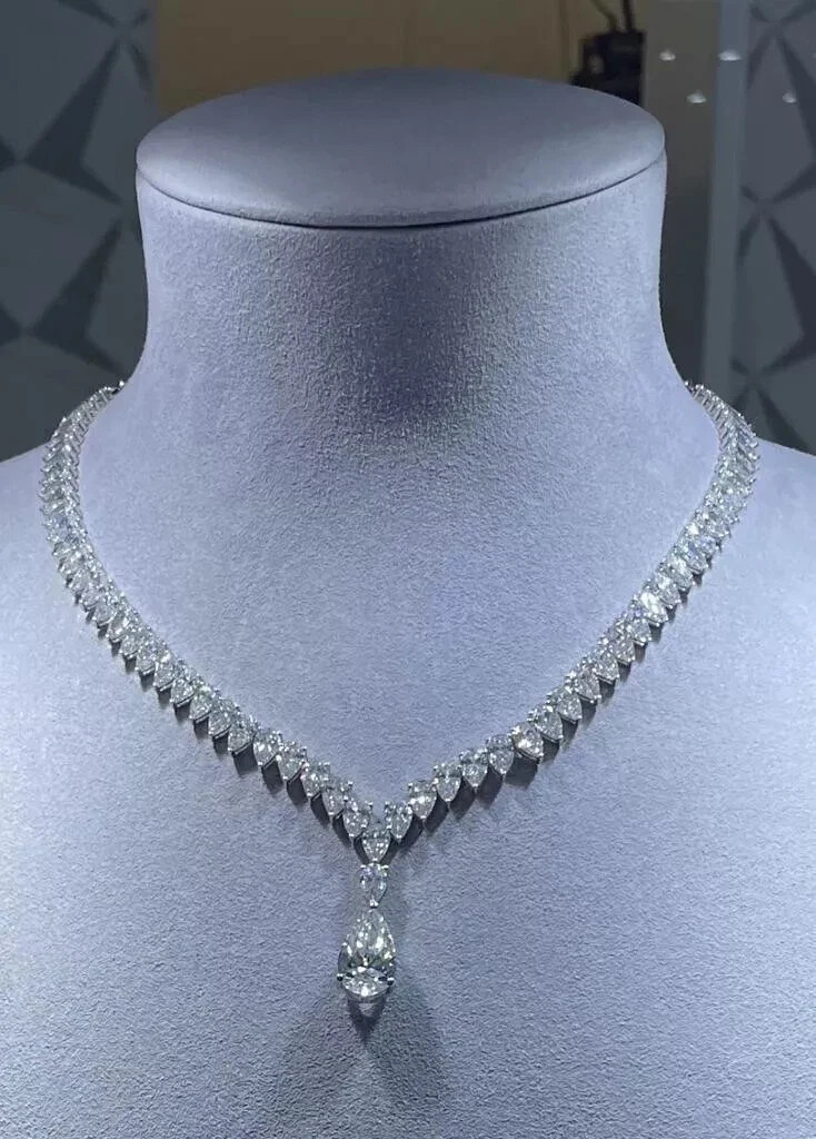 40Ct Pear Cut Lab  Created Diamond Tennis Necklace 14k White Gold Plated Silver