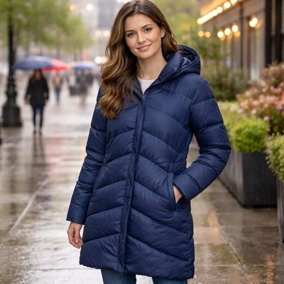 NWT Rebecca Minkoff Navy Puffer Coat Hooded Quilted Full Zip Snap Midi Length S