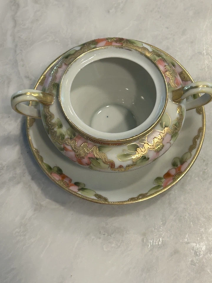 NORITAKE GREEN "M" Nippon Covered Sugar Bowl W/Attached Under plate, Lid, Spoon - Image 4 of 4