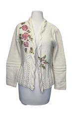 SUNDANCE Floral Knit Cardigan Medium Cotton Wool Embroidered Open Cream Eyelet