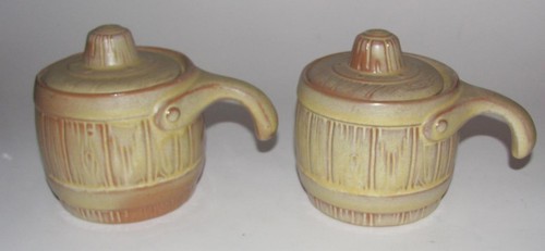 2 Vintage Frankoma Pottery Barrel Ramkin with Lids #97U Desert Gold ramakin mug - Picture 4 of 8