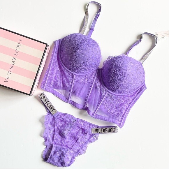36C XS Victoria's Secret purple lilac bling pushup corset bra set
