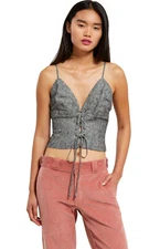 CALLIPYGIAN sz 2 Stone Black Linen Blend Lace Front Corset Top