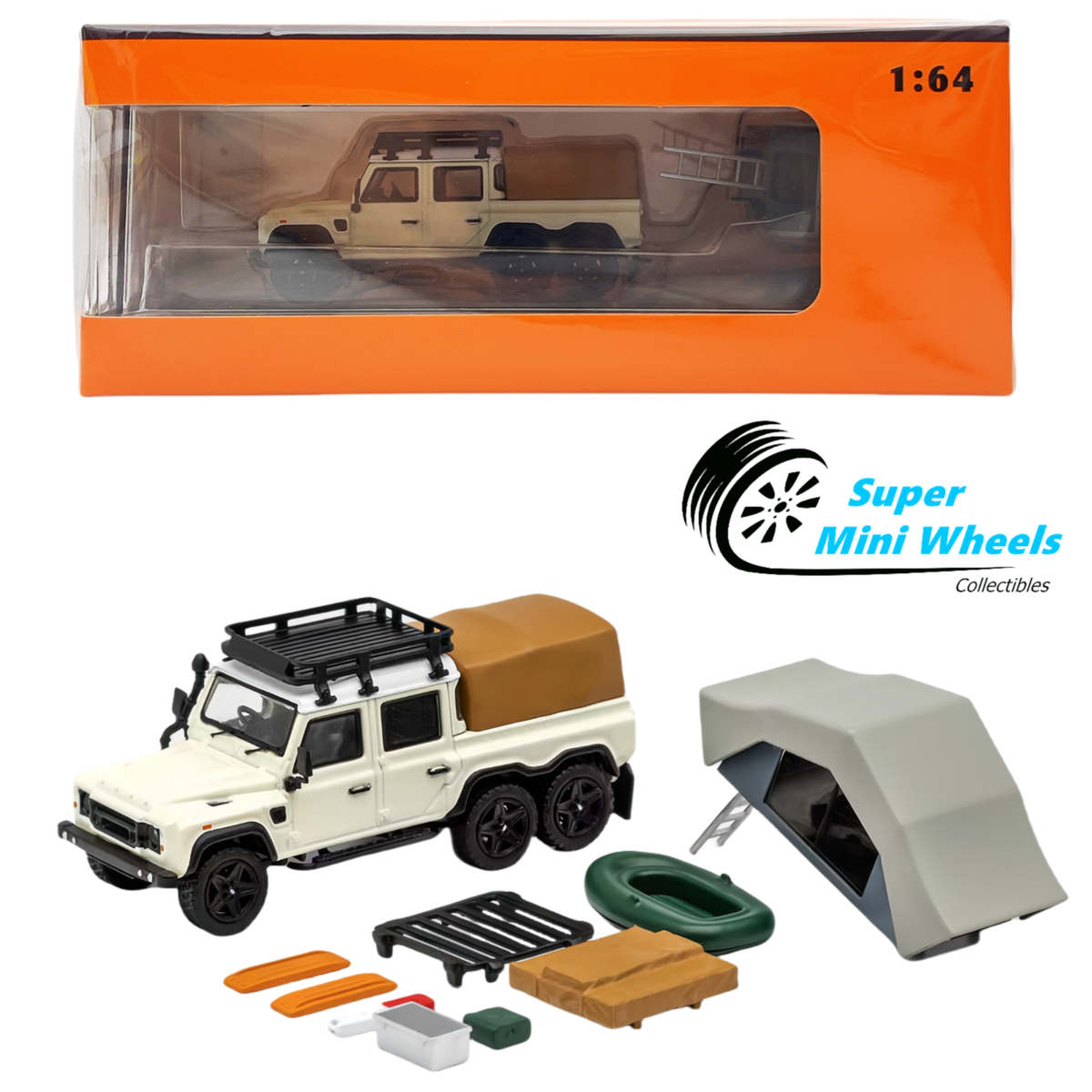 GCD 1:64 Land Rover Defender 6x6 (Cream White) with Camping