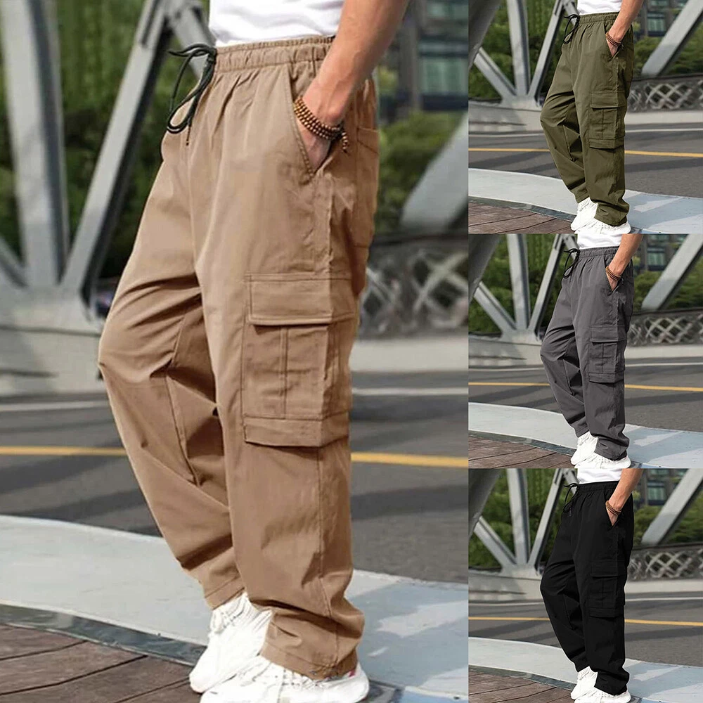Mens Stretch Cargo Combat Work Pants Multi Pockets Elastic Waist
