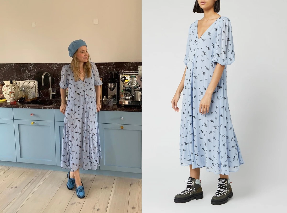 NWT GANNI Floral Georgette Midi Dress Brunnera Blue 32 0 34 2 36