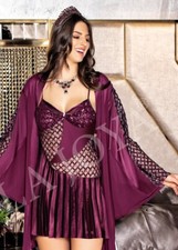 Women's Lingerie Fancy Lace Satin Sequin Ruffle Baby doll Slip Peignoir Set Robe