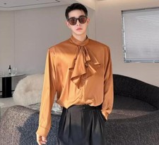 Men's Youth Fashion Satin Victorian Falbala Stand Collar Long Sleeves Shirt 6960