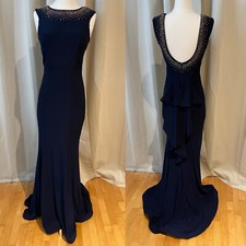 450 Stunning Navy Gown Beaded D colletage Plunging Back Ruffled Cascade 4