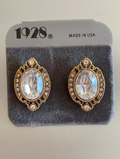 Vintage 1928 Made in USA Crystal Earrings Rhinestone Gold Tone Shiny 90s