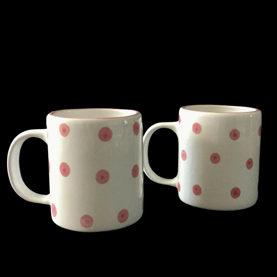 Vintage Anos 80 Par de Caneca de Café Cerâmica Bolinhas Chá Xícara de Cacau Rosa Branca - Imagem 2 de 4